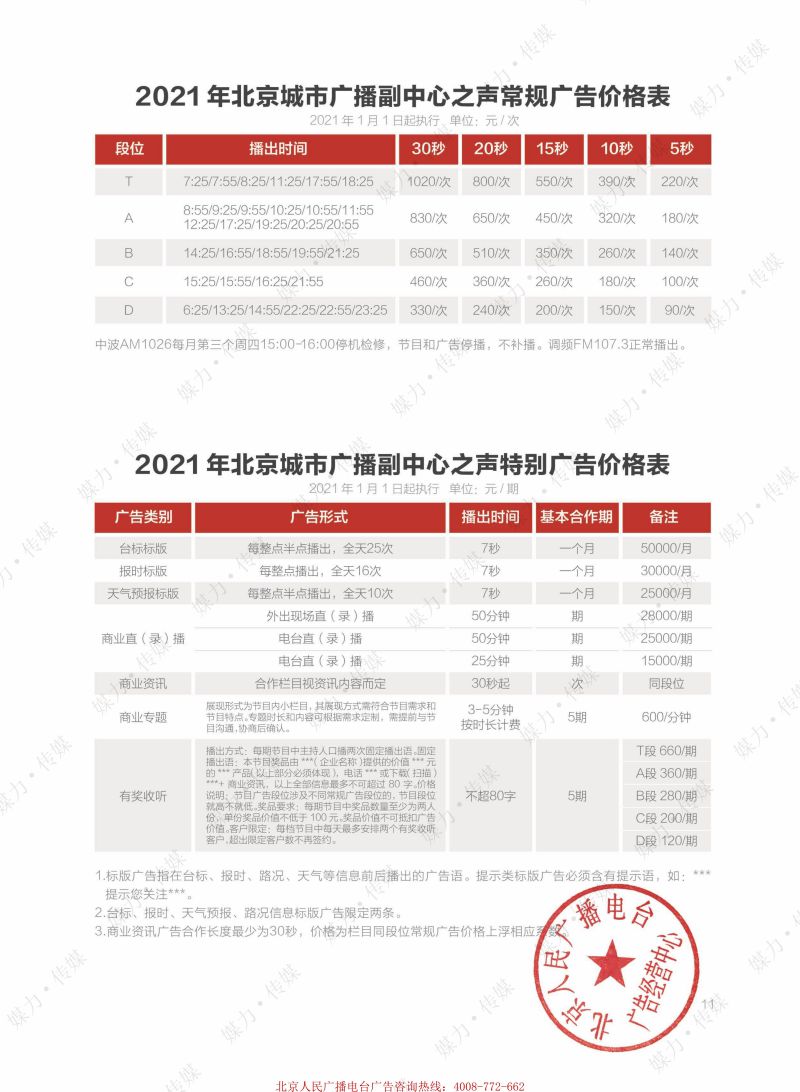 2021年北京城市广播FM107.3广告价格