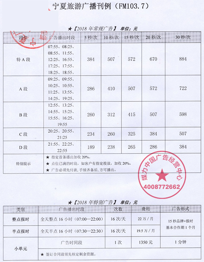2018年宁夏旅游广播(FM103.7)广告价格