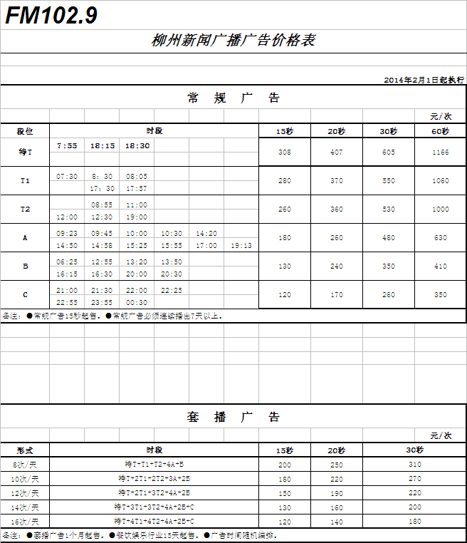 柳州人民广播电台综合广播(FM102.9)2016年广告价格