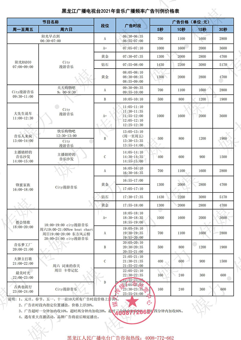 2021年黑龙江龙广音乐广播（FM95.8）广告价格