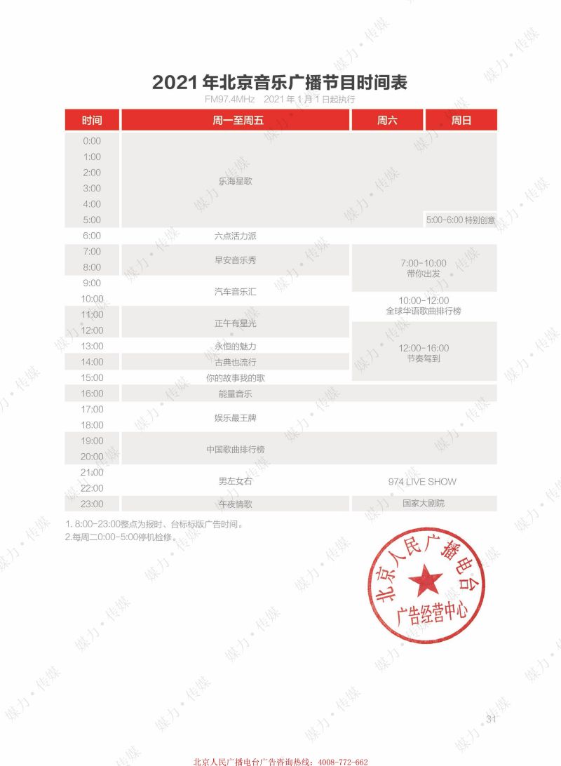 2021年北京音乐广播FM97.4广告价格