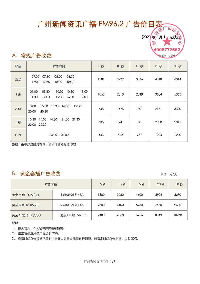 2020年广州新闻资讯广播 FM96.2广告价目表