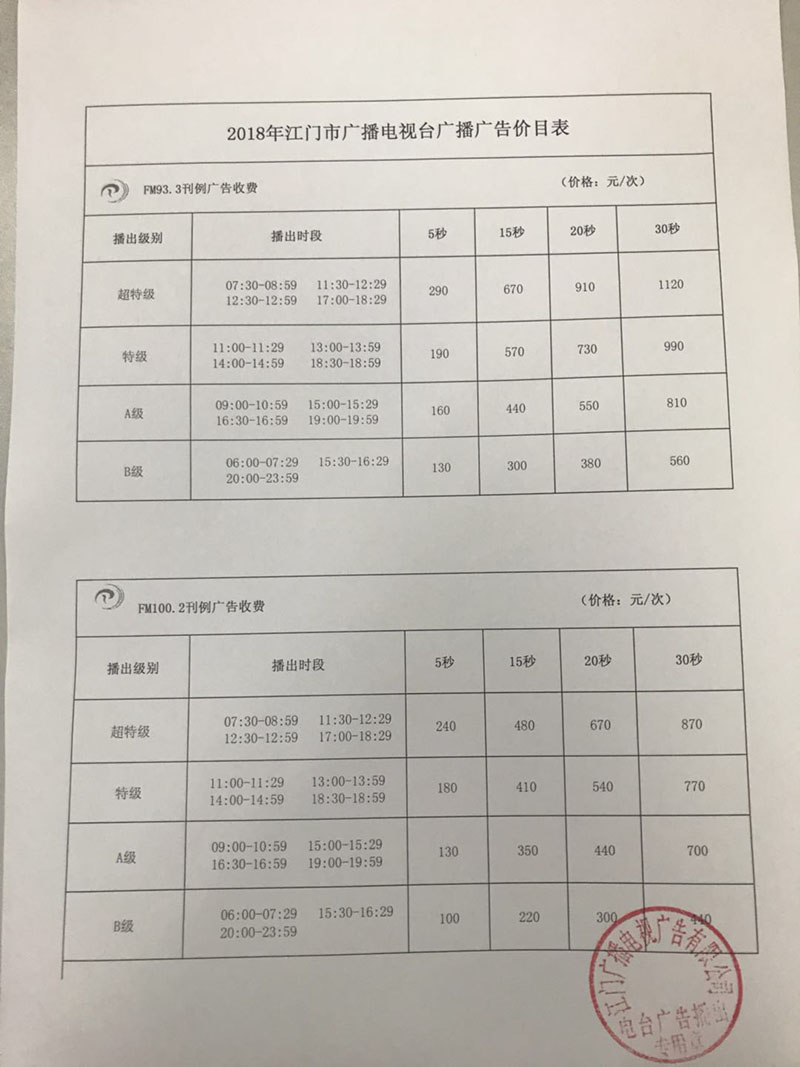 2018年江门广播电台广告价格表（FM93.3+FM100.2）