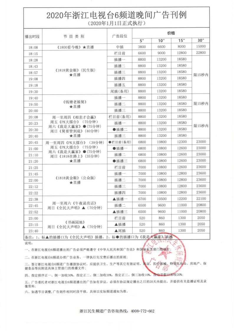 浙江电视台6频道民生2020年白天时段广告价格