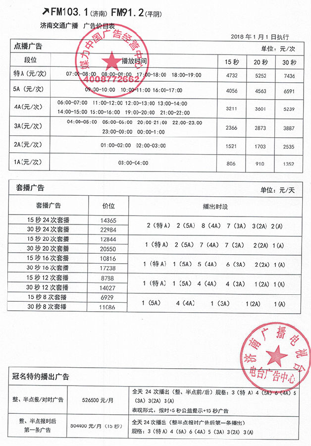FM103.1济南交通广播2018年广告价目表