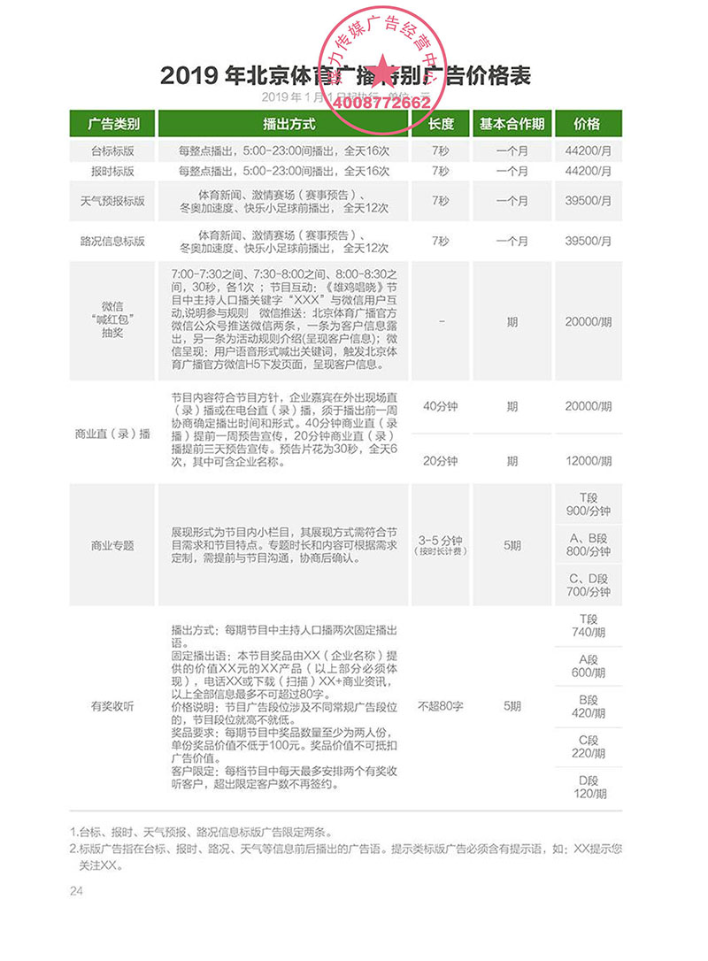 2019年北京体育广播广告价格表