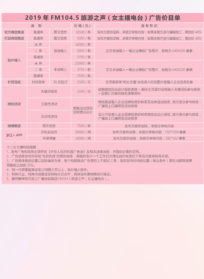 2019年浙江旅游之声（女主播电台）广告价目单